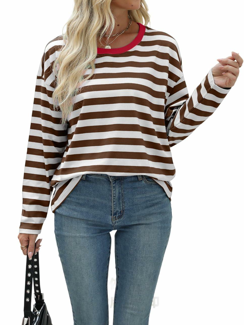 Nfsion Womens X-Large Striped Color Block Long Sleeve Tee Coffee White