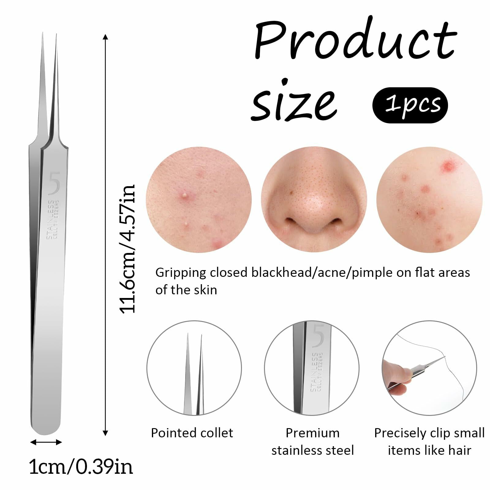 Bewudy 3Pc Stainless Steel Blackhead Remover Tweezers Kit Precision Tool