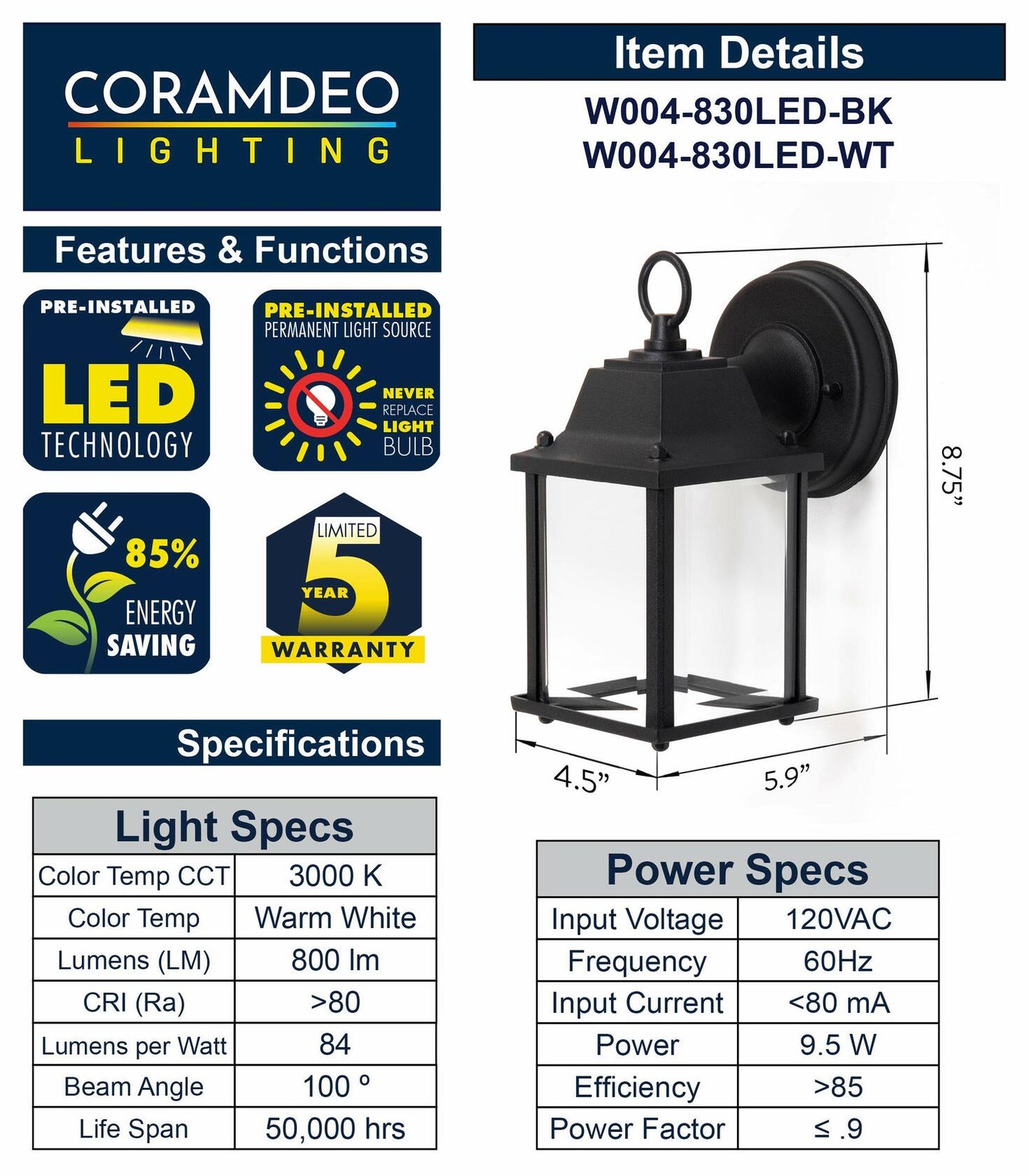 CORAMDEO Outdoor LED Wall Sconce Light White Cast Aluminum 800 Lumens 3K