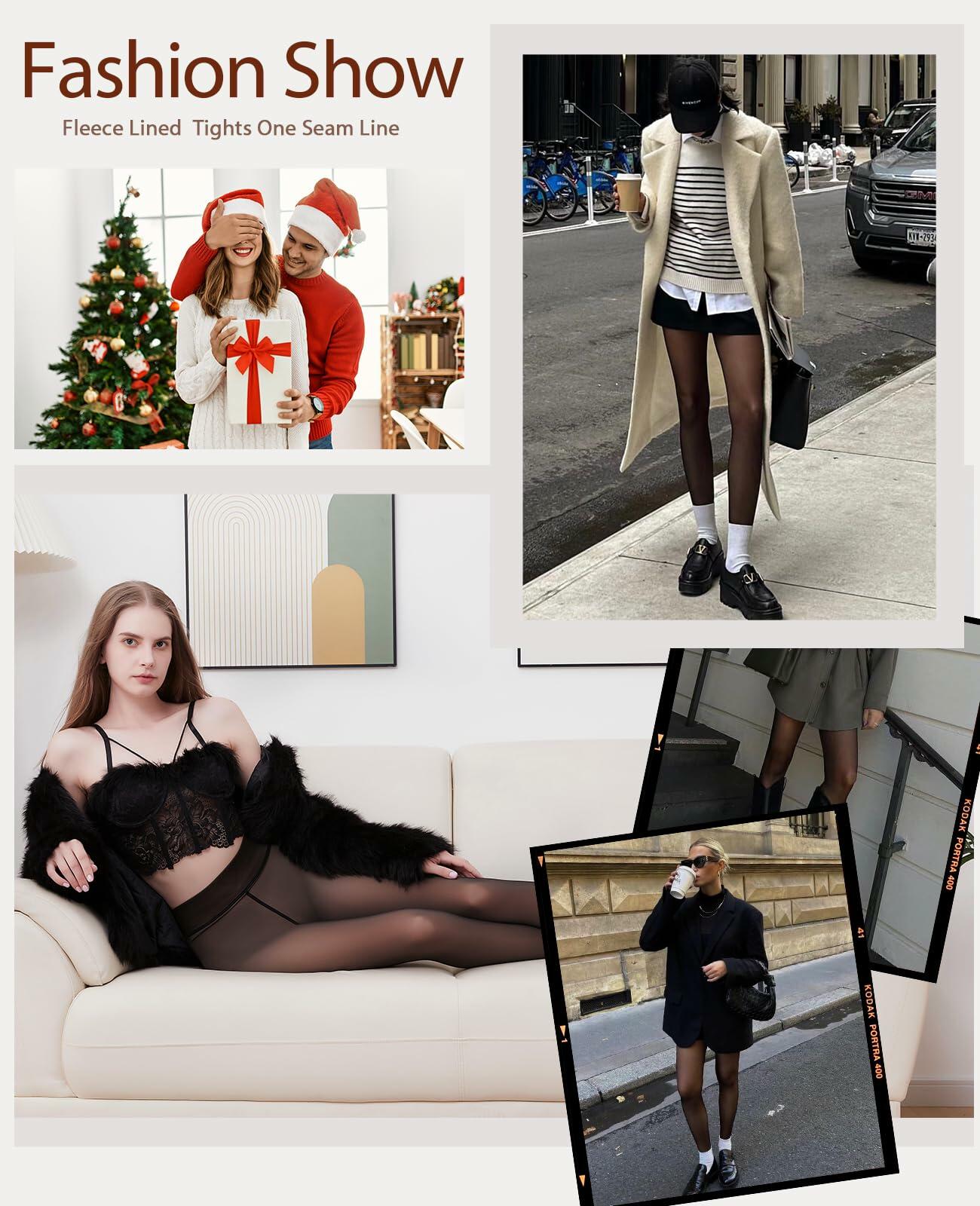 Arkim Glossy Black Sheer Tights Women Fleece Lined Thermal L Size