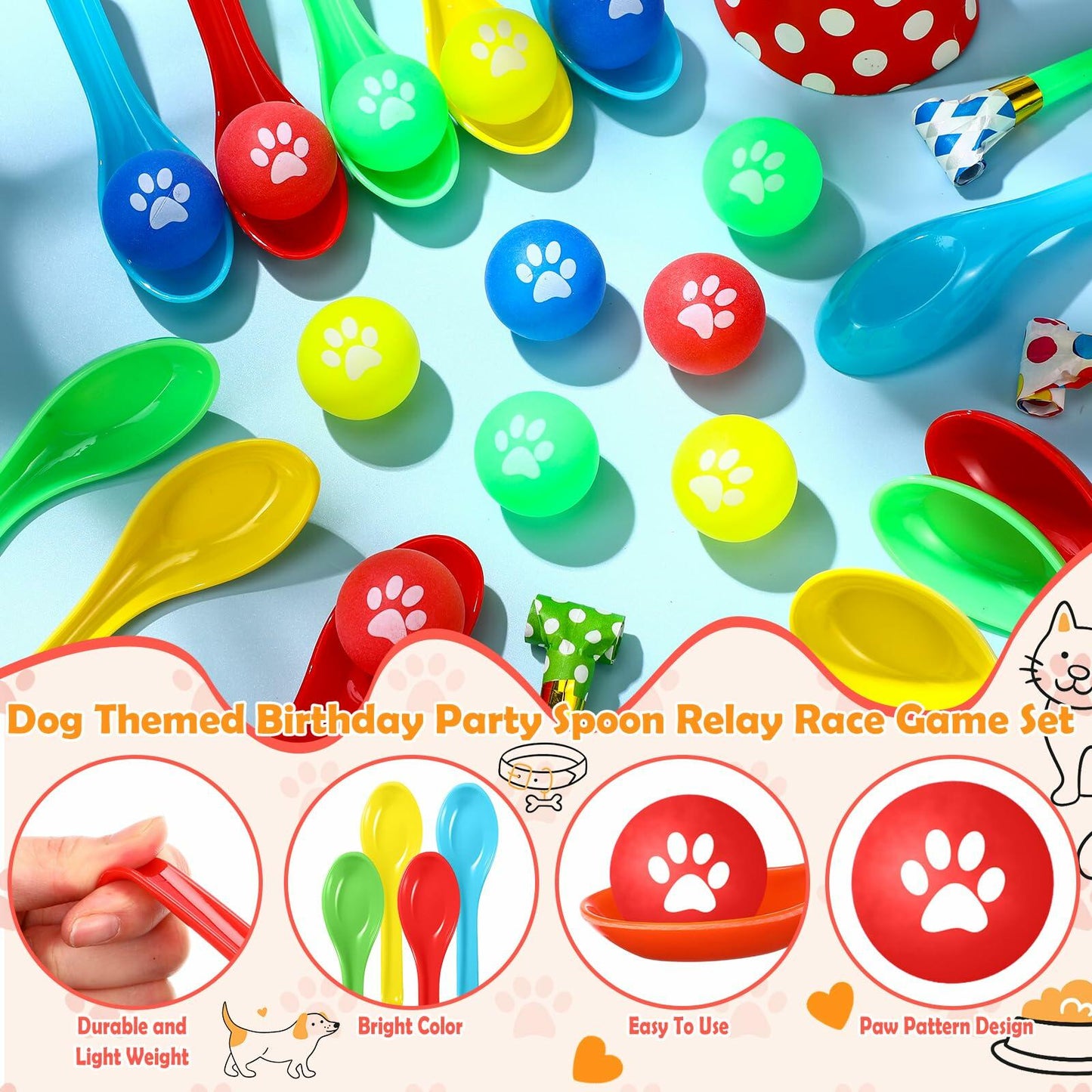 JellyArch 24 Pcs Dog Themed Birthday Party Game Spoon Relay Race Set Colorful
