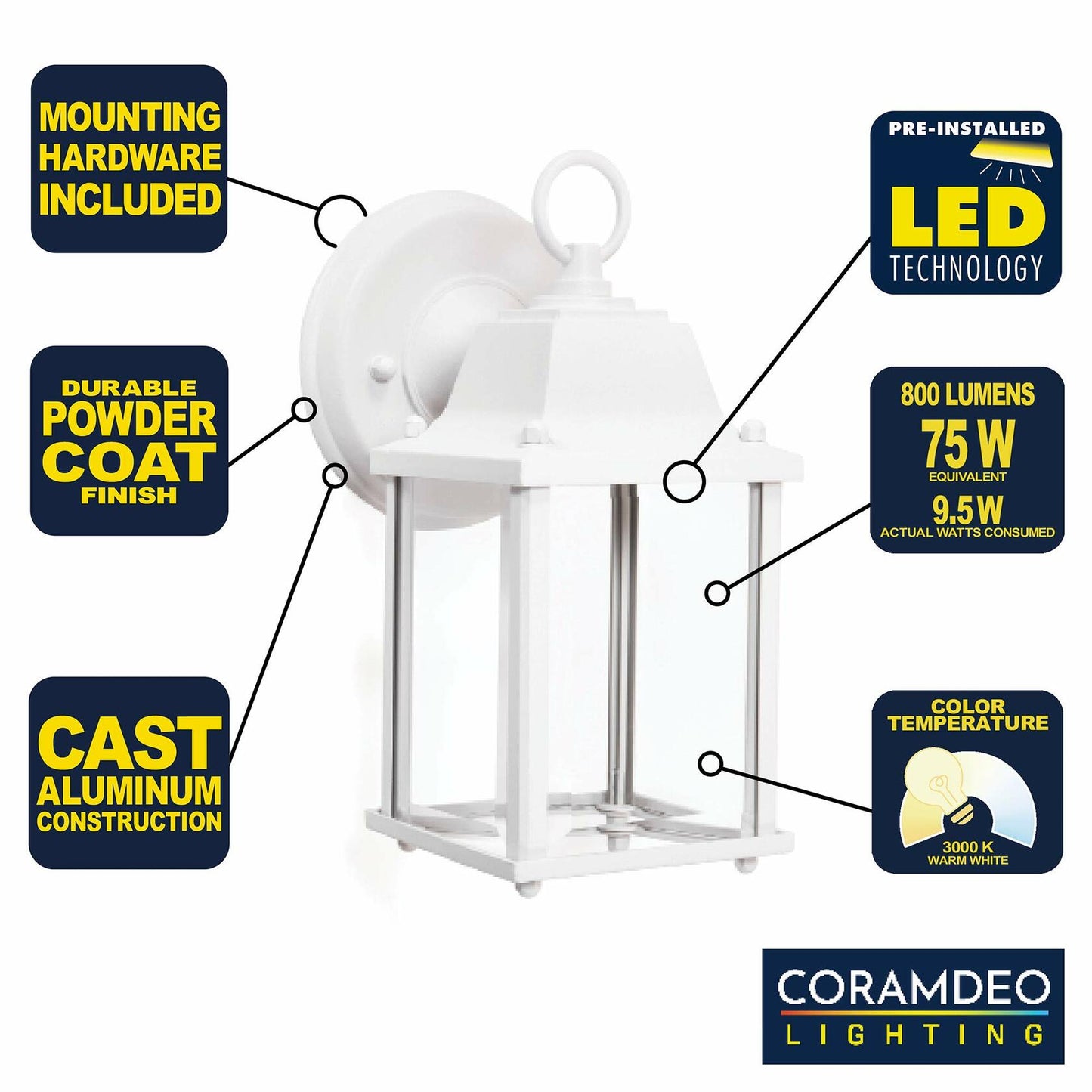 CORAMDEO Outdoor LED Wall Sconce Light White Cast Aluminum 800 Lumens 3K