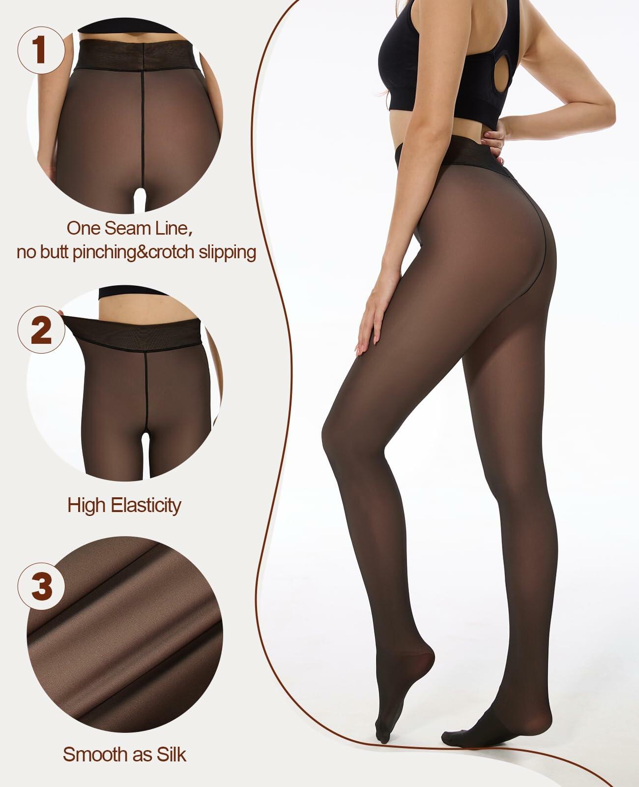 Arkim Glossy Black Sheer Tights Women Fleece Lined Thermal L Size