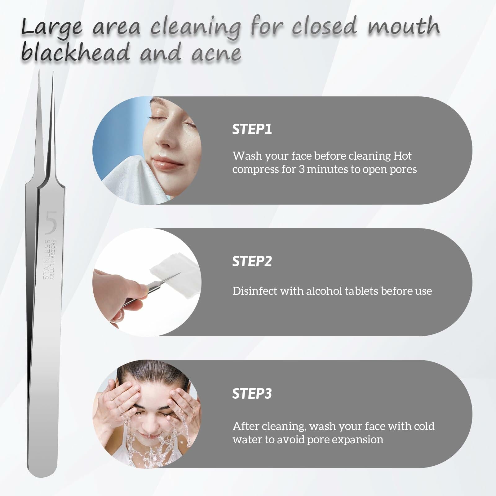 Bewudy 3Pc Stainless Steel Blackhead Remover Tweezers Kit Precision Tool