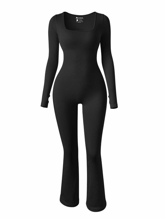 OQQ Women Yoga Jumpsuit Ribbed Long Sleeve Bell Bottom Black Size M