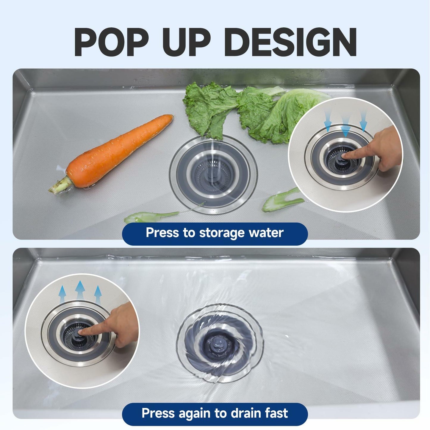 3-in-1 Stainless Steel Kitchen Sink Strainer Stopper Pop Up 3-1/2 Inch Drain