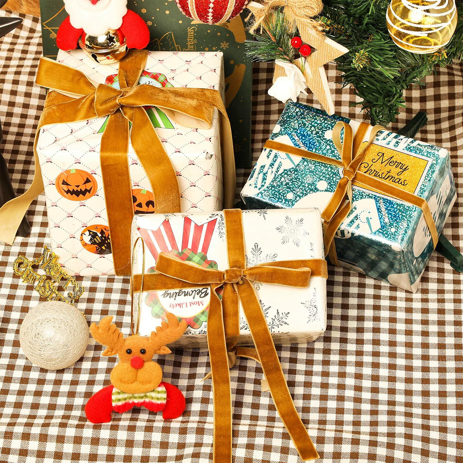 Yilloog 3 Rolls Christmas Velvet Ribbon 75 Yards 3/8 5/8 1 Inch Khaki Satin