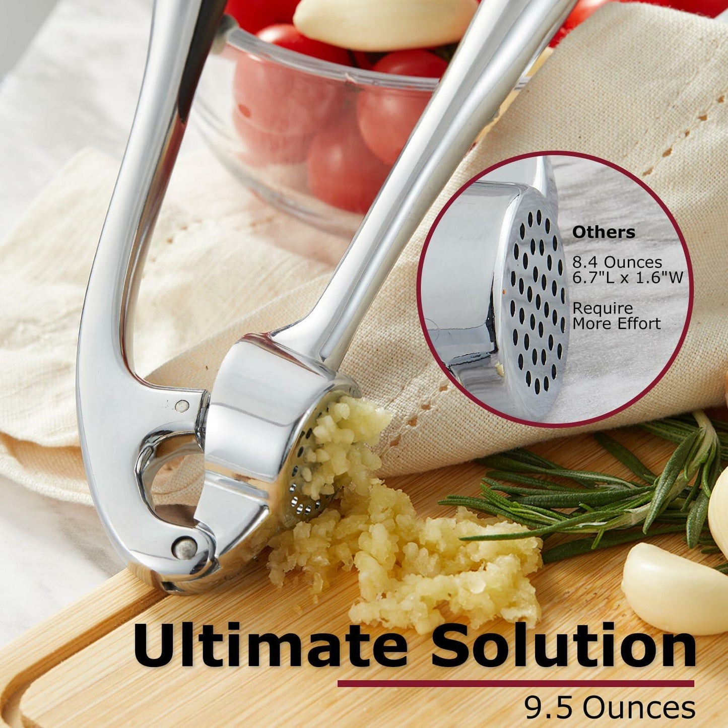 Kitessensu Garlic Press Set with Silicone Peeler & Brush, Gloss Silver