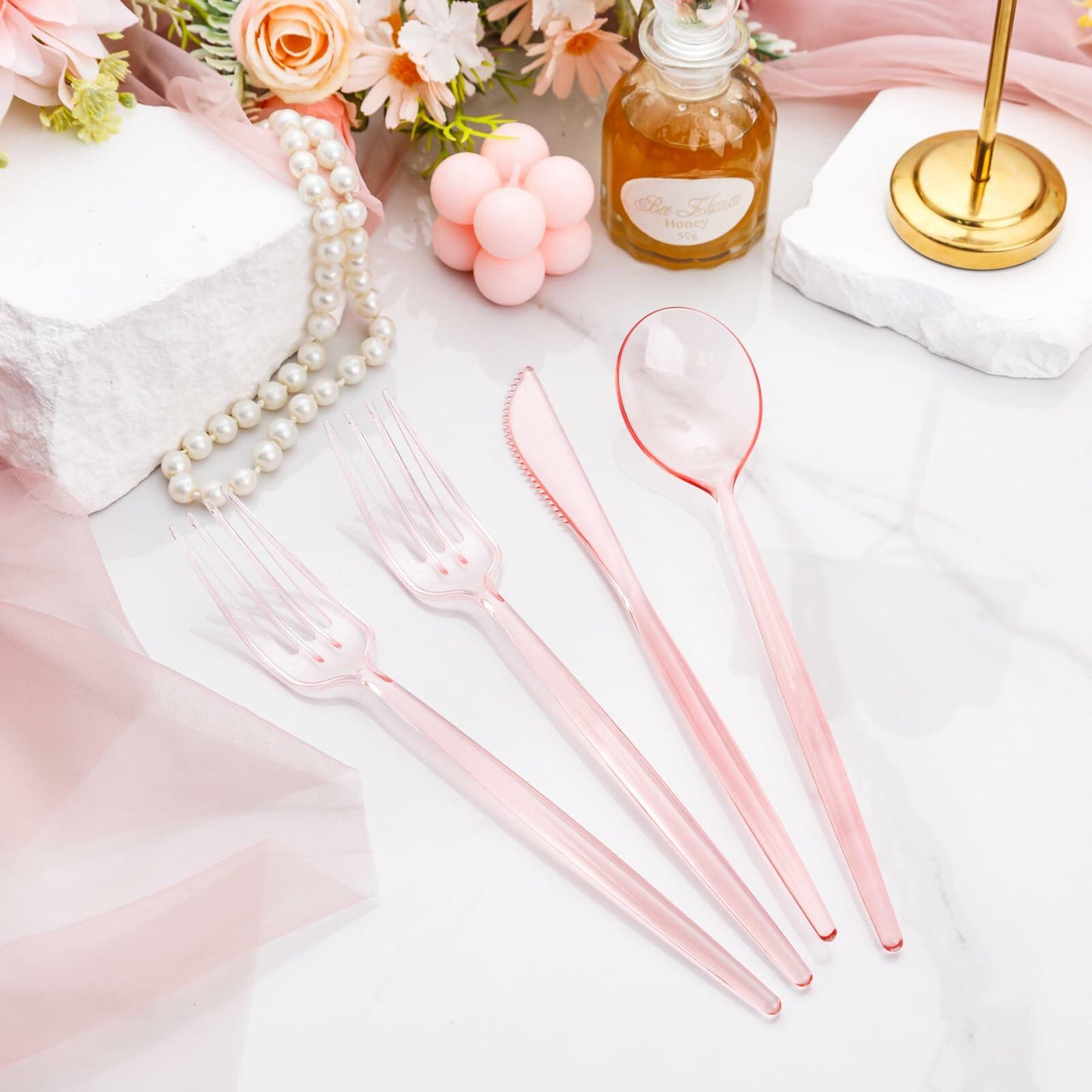 Rubtlamp 180 Pc Pink Plastic Silverware Set - 60 Forks, 60 Knives, 60 Spoons