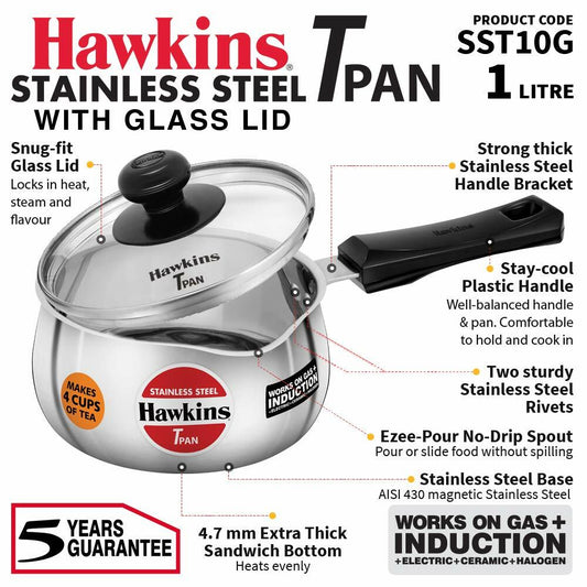 Hawkins SST10G 1L Stainless Steel Tea Pan with Glass Lid Silver