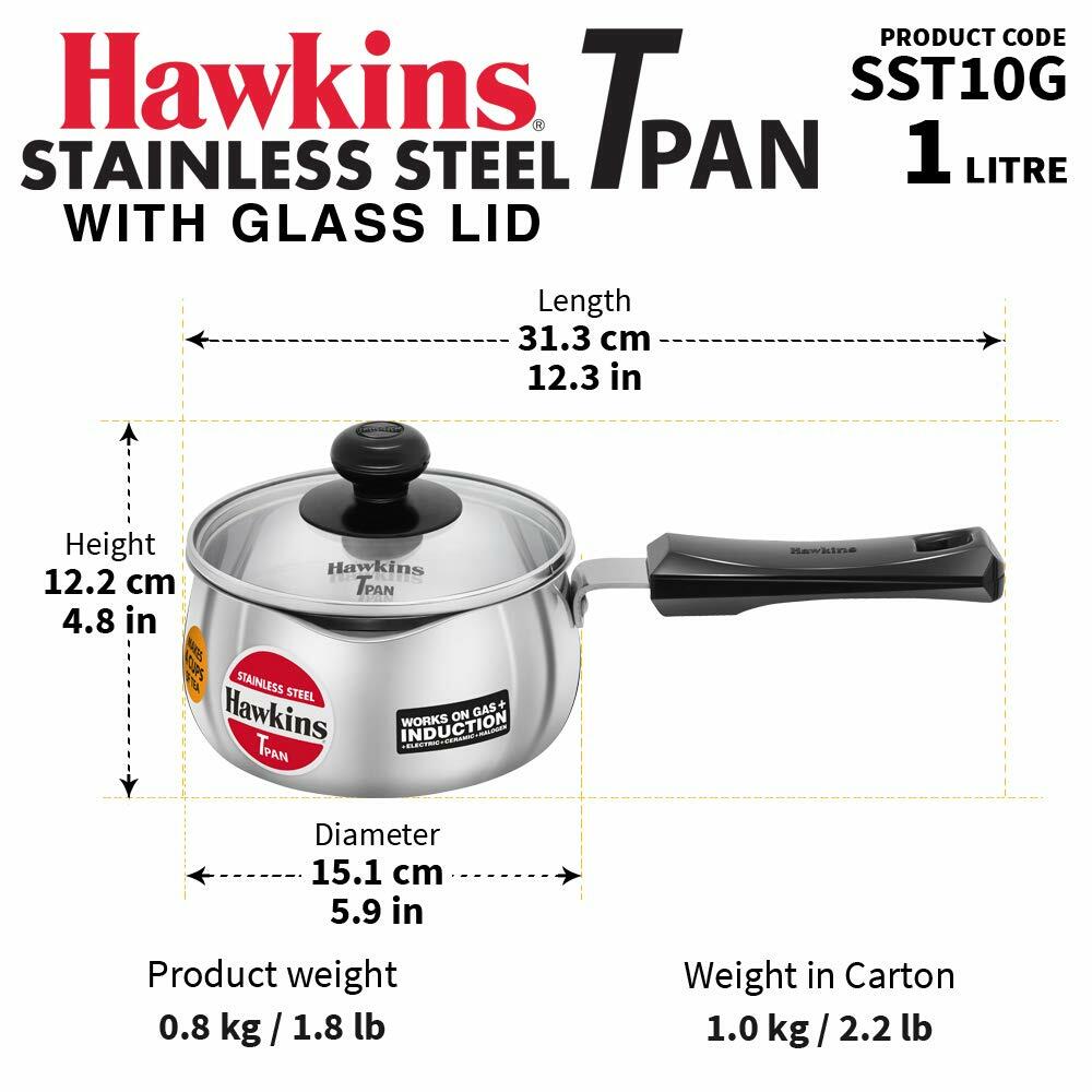 Hawkins SST10G 1L Stainless Steel Tea Pan with Glass Lid Silver