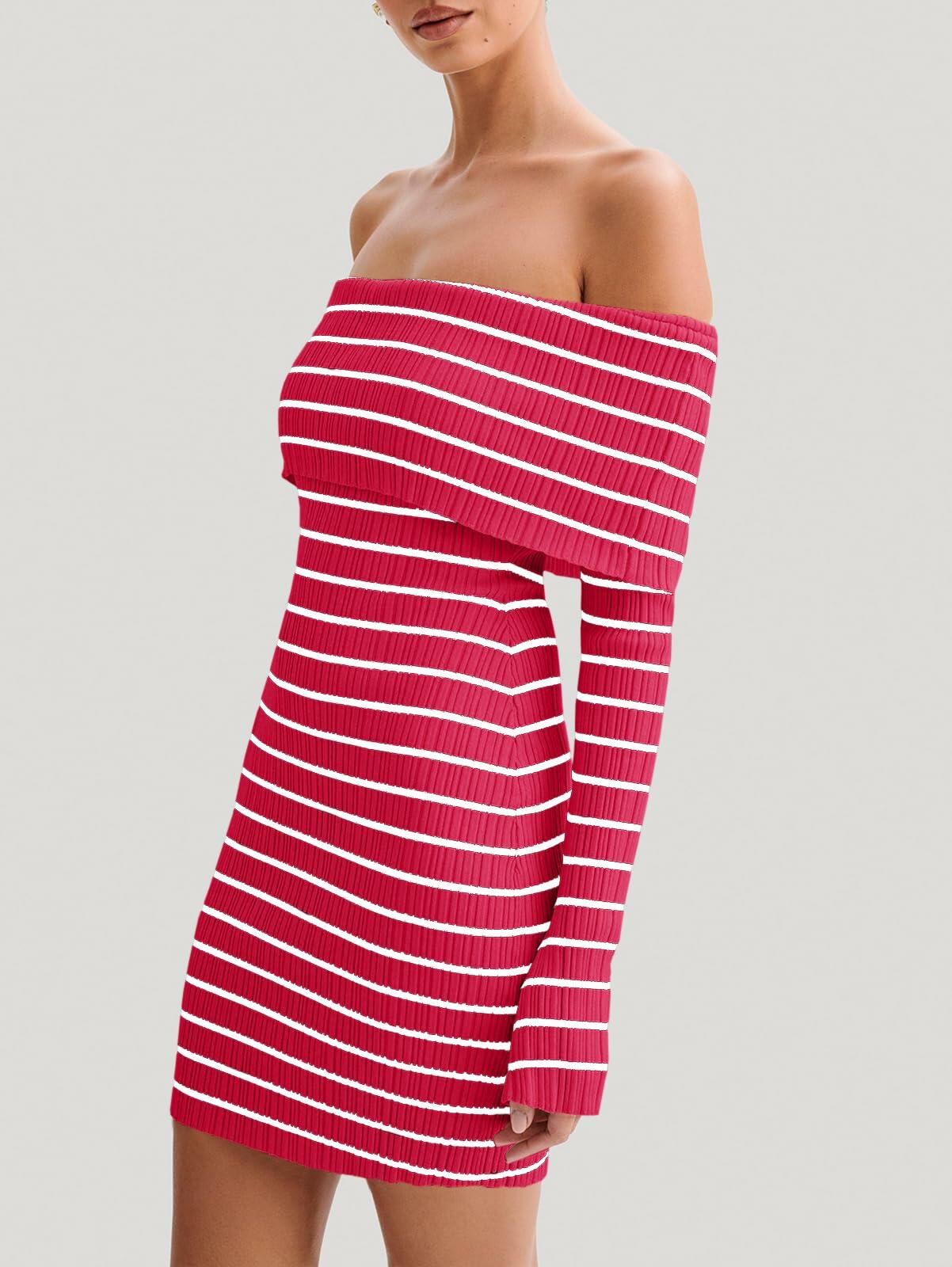 Wenrine Womens Off Shoulder Striped Knit Mini Dress Red Long Sleeve Size M