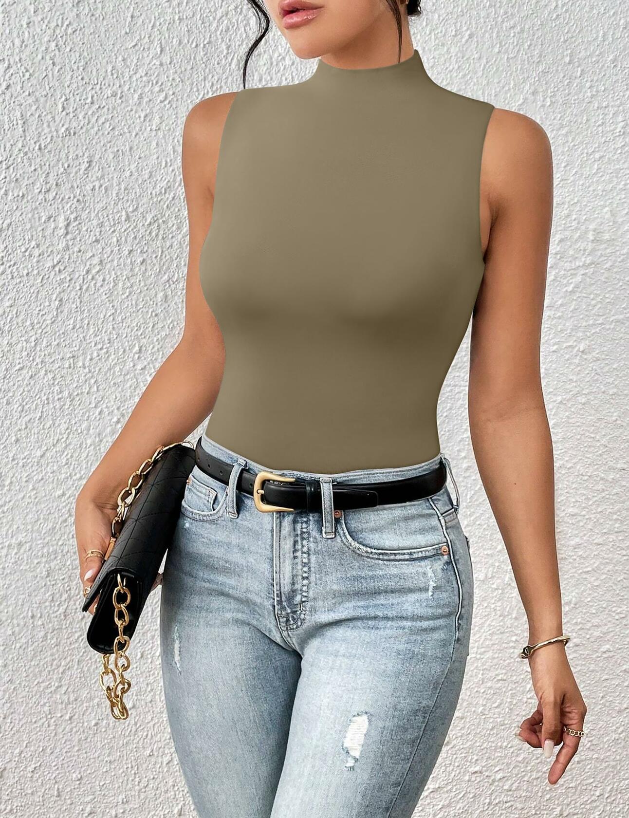 Women's Sleeveless Mock Turtle Neck Bodysuit Slim Fit Racerback Size M