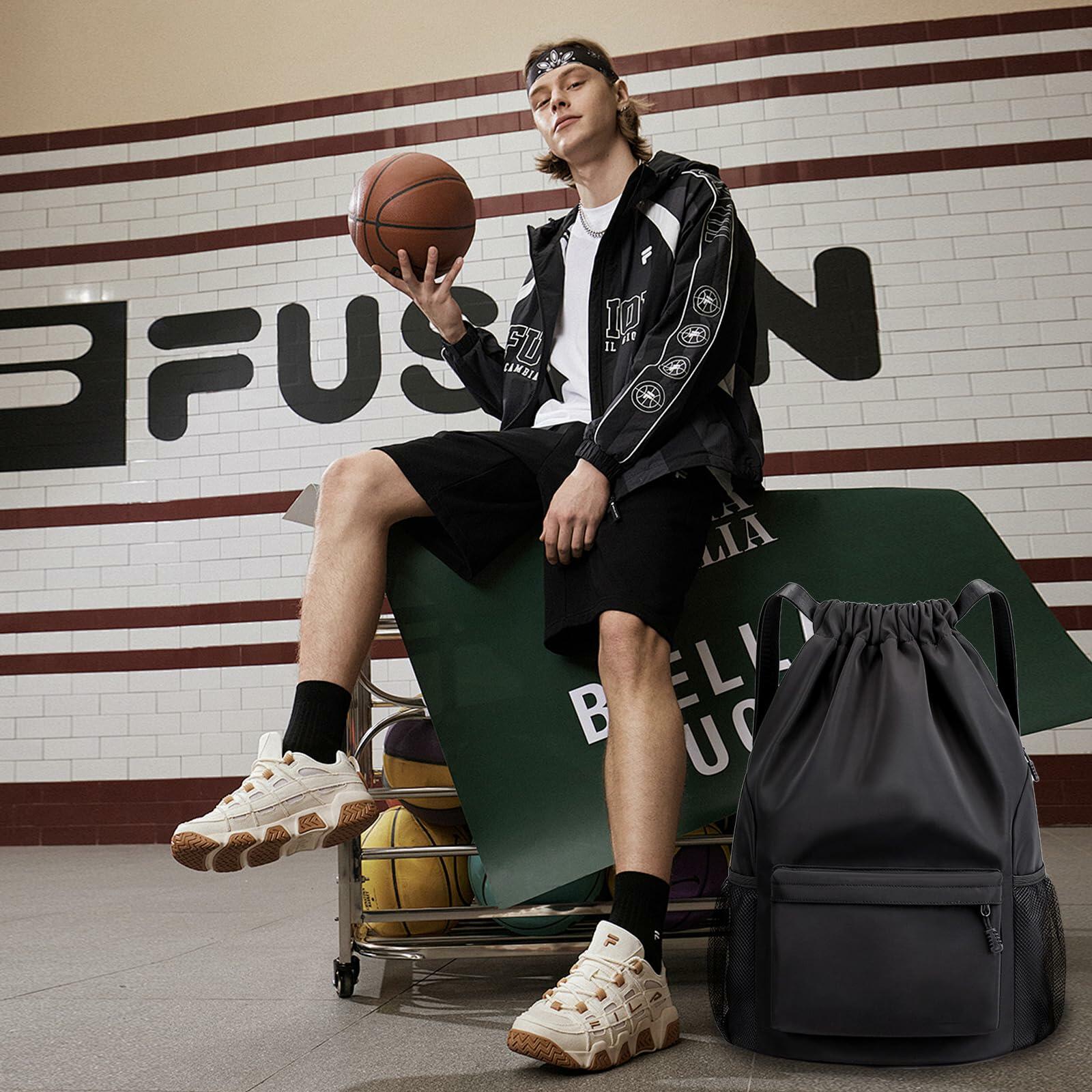 Sofanler Drawstring Backpack Gym Bag with Shoes Compartment Black