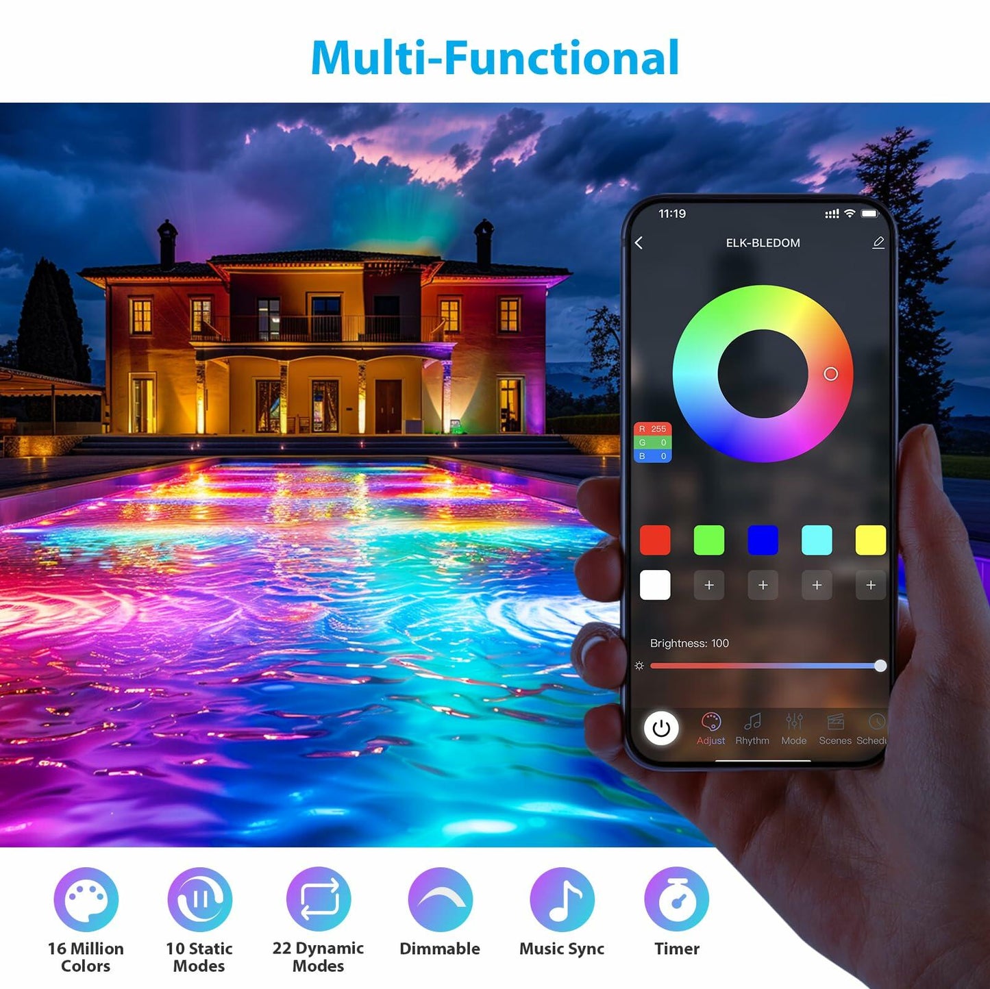 LyLmLe 20W RGBW LED Pool Light IP68 Waterproof with APP Control 33FT Cord