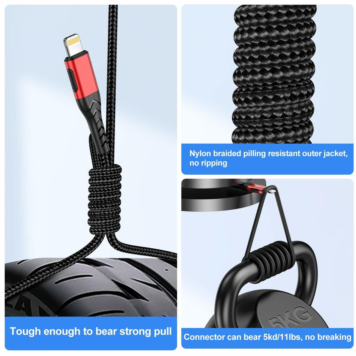 Durcord 3-Pack 6FT USB A Cable iPhone Red MFi Certified Fast Charging