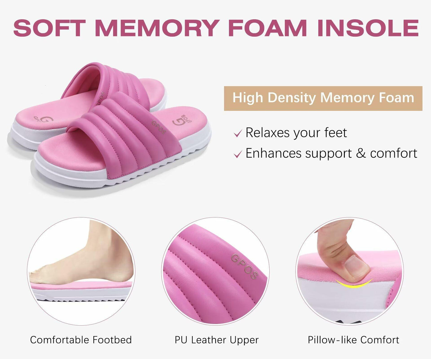 GPOS Womens Slides Memory Foam Cozy Open Toe Pink White Size 6