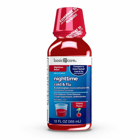BestBy06/26 Amazon Basic Care Nighttime Cold & Flu Relief Liquid 12 Fl Oz Cherry