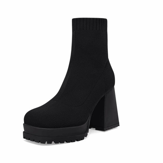Womens Sock Boots Platform Chunky Heel Ankle Booties Square Toe Slip On Size 8