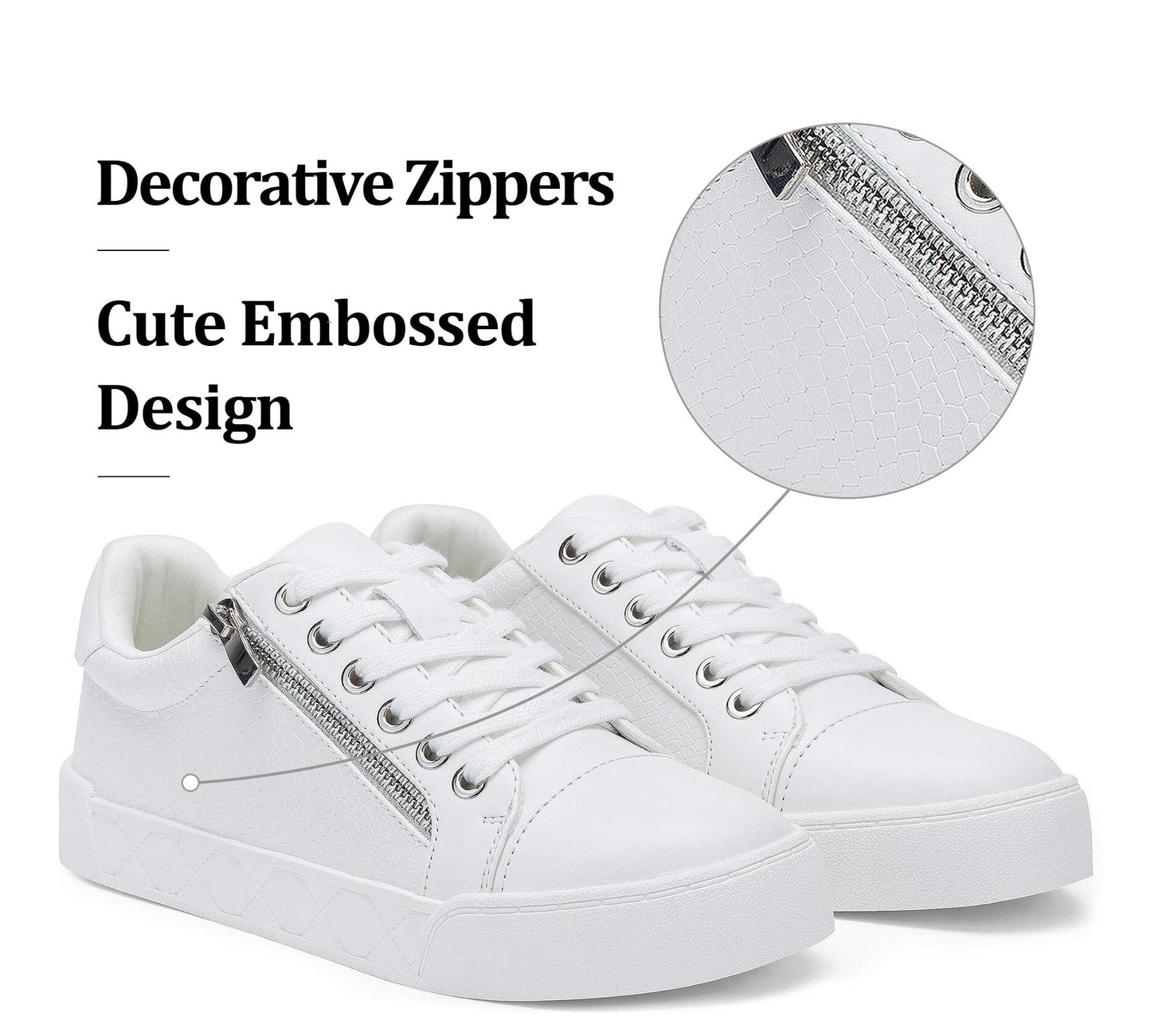 [Like_new] Jeossy Women's White Flat Low Top Cap Toe Sneakers with Zipper Size 9