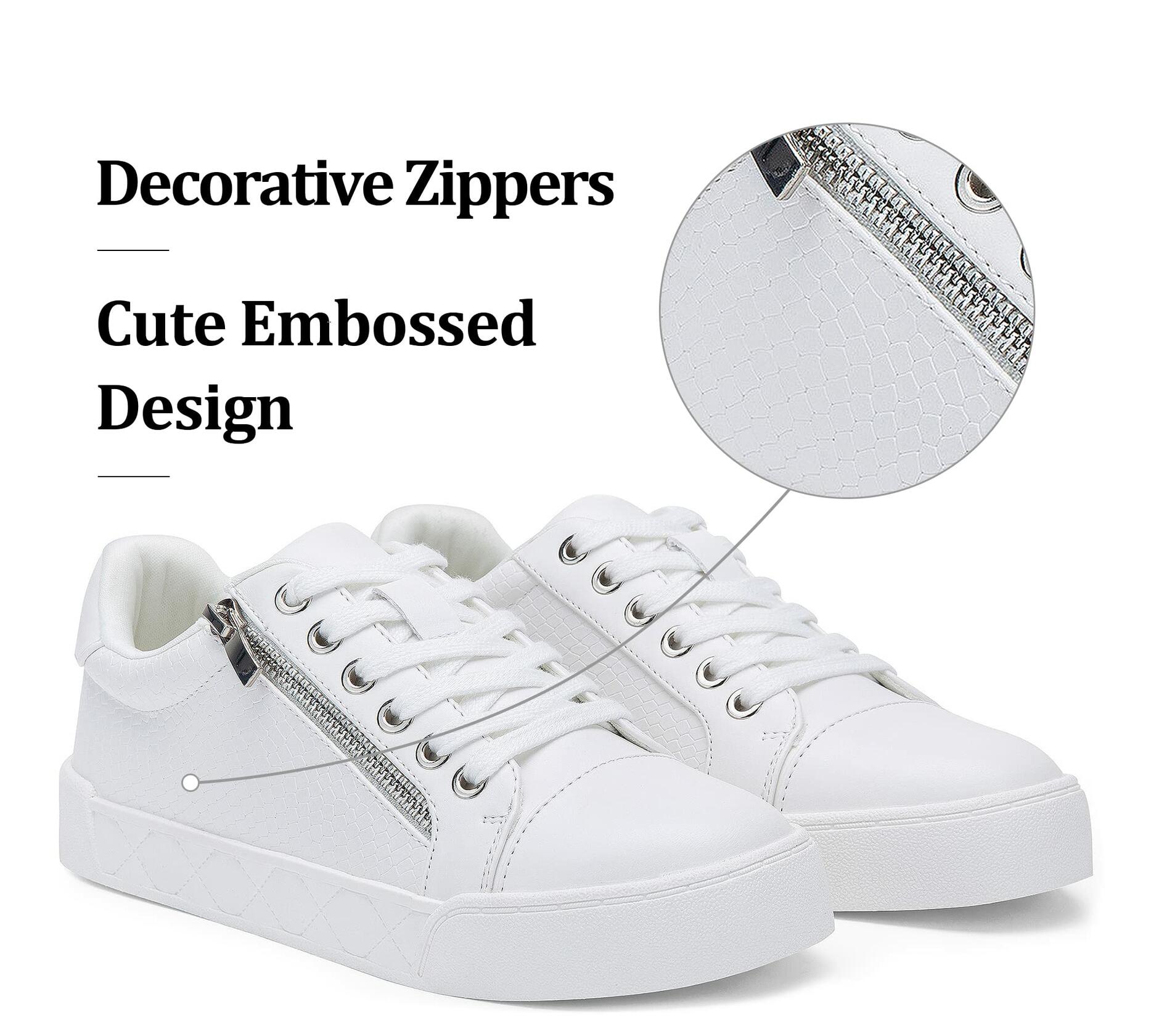 [Like New] Jeossy Women's White Flat Low Top Cap Toe Sneakers with Zipper Size 9