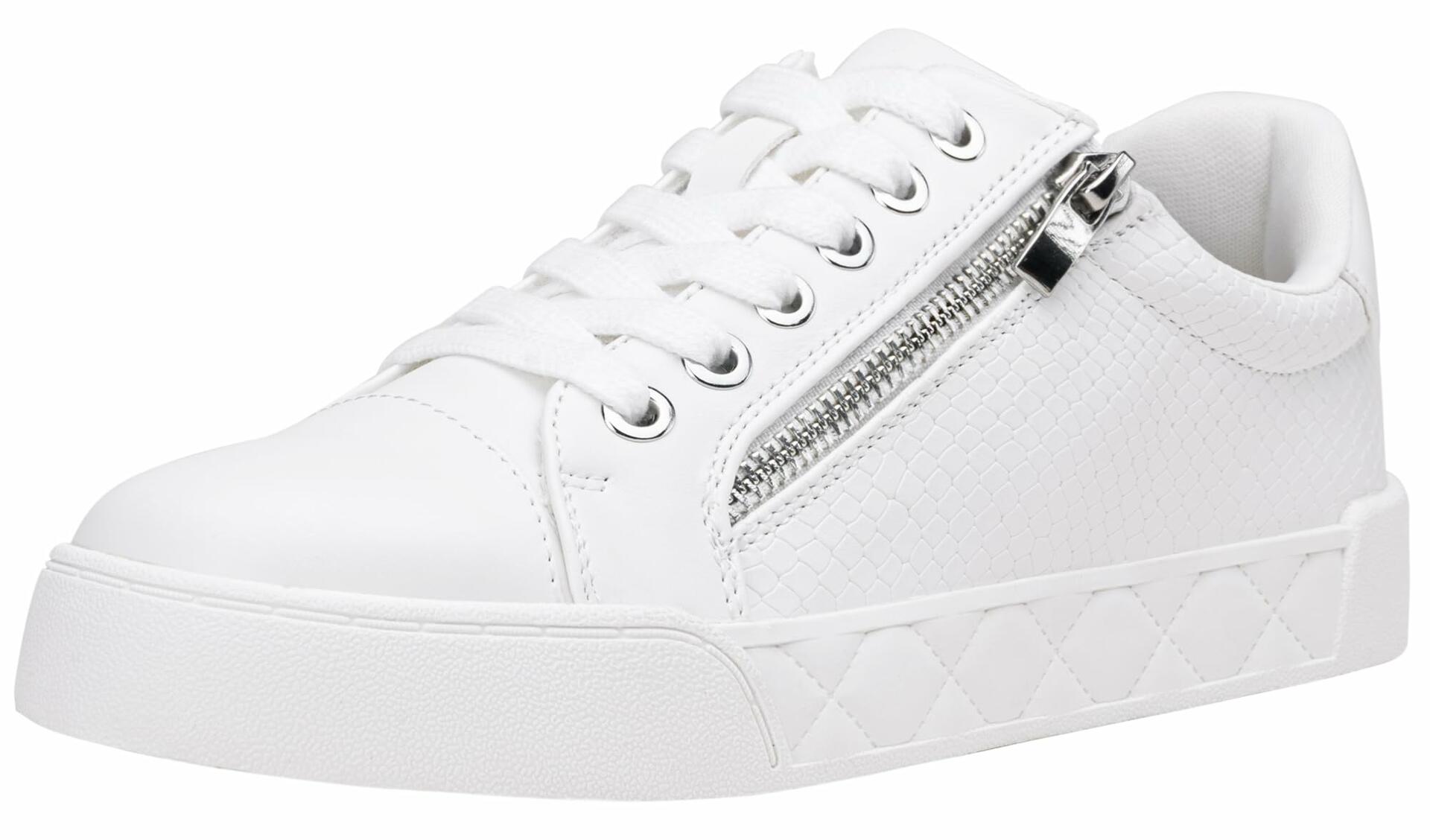 [Like New] Jeossy Women's White Flat Low Top Cap Toe Sneakers with Zipper Size 9