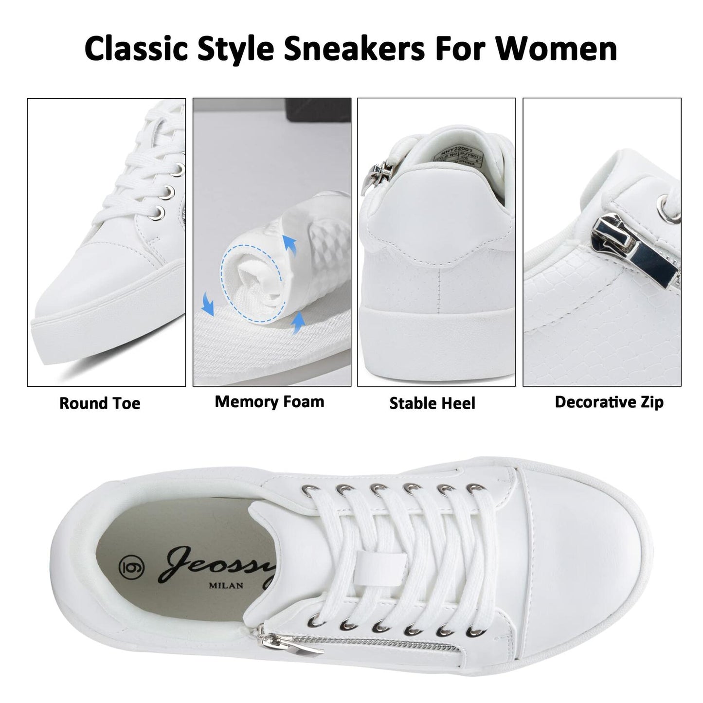 [Like_new] Jeossy Women's White Flat Low Top Cap Toe Sneakers with Zipper Size 9