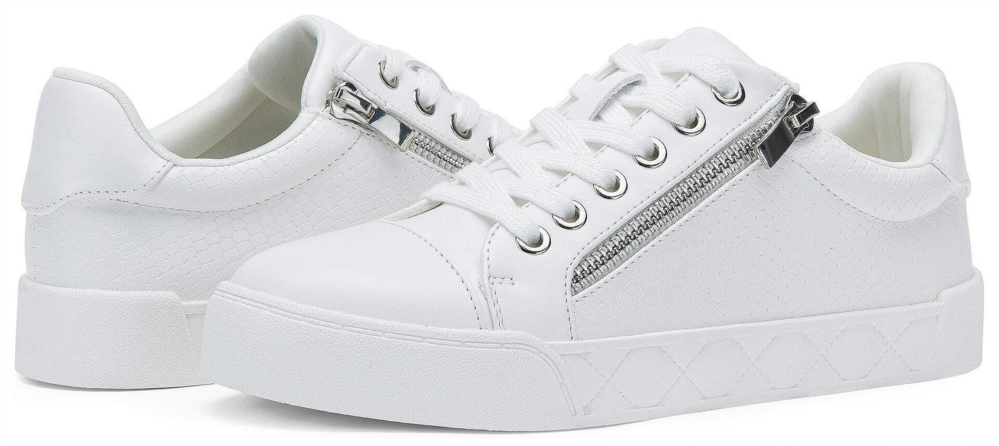 [Like_new] Jeossy Women's White Flat Low Top Cap Toe Sneakers with Zipper Size 9