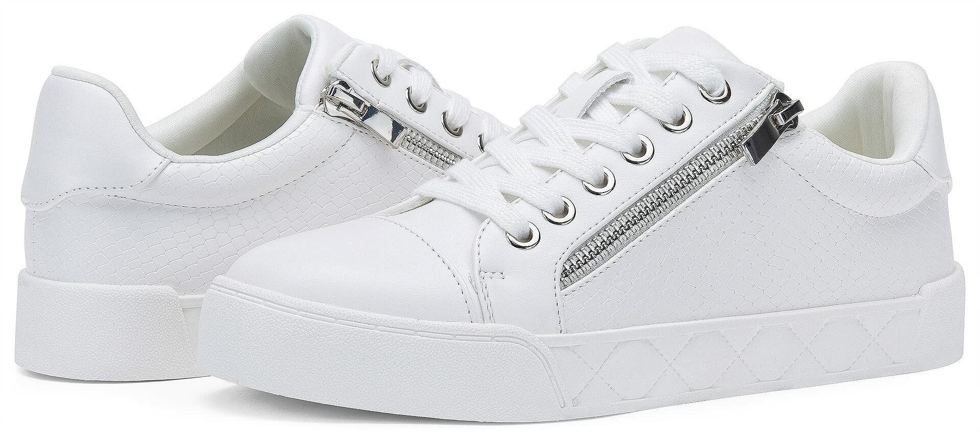 [Like New] Jeossy Women's White Flat Low Top Cap Toe Sneakers with Zipper Size 9