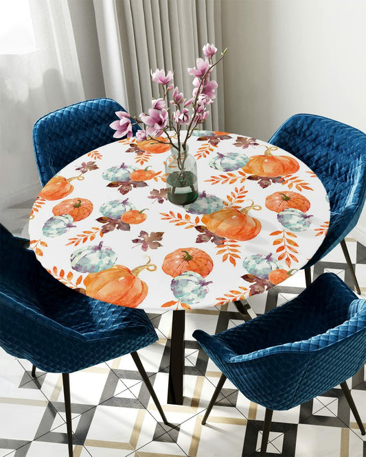 Autumn Leaf Watercolor Pumpkins Round Tablecloth 45-54" Orange Waterproof