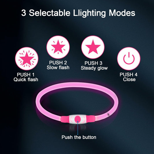 Flycoco LED Rechargeable Dog Collar Light Pink USB Adjustable Safety
