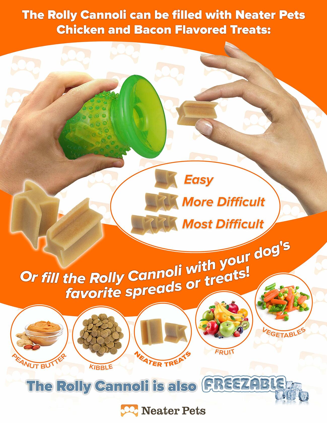 NEATER PET BRANDS Rolly Cannoli Large Classic Orange Mess Proof Treat Toy