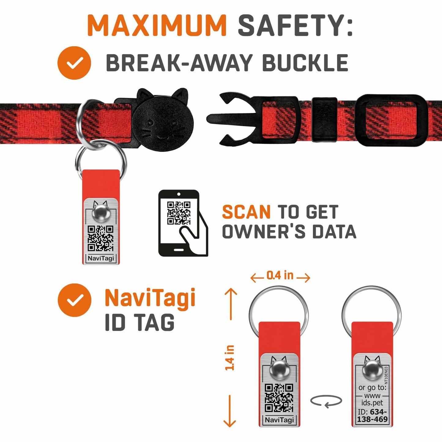 NaviTagi Cat Breakaway Collar XS Bell Bow Tie Personalized QR ID Kitten Adult