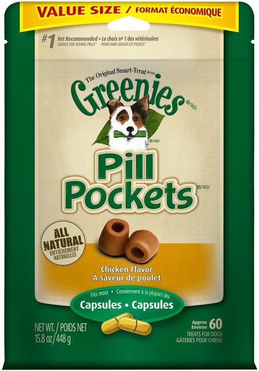 BB08/25 Greenies Canine Pill Pkts Cap Size 15.8oz Chicken Dog Treats 60 Ct