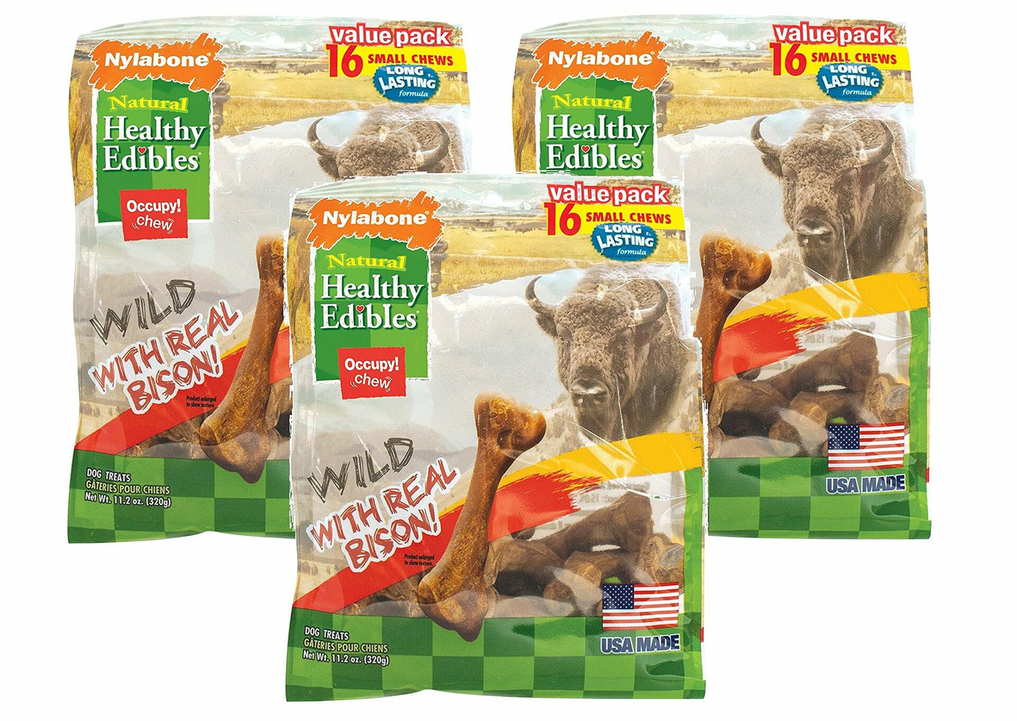 BestBy07/27 Nylabone Healthy Edibles Wild Bison Dog Chew Treats 16-Count 3-Pack
