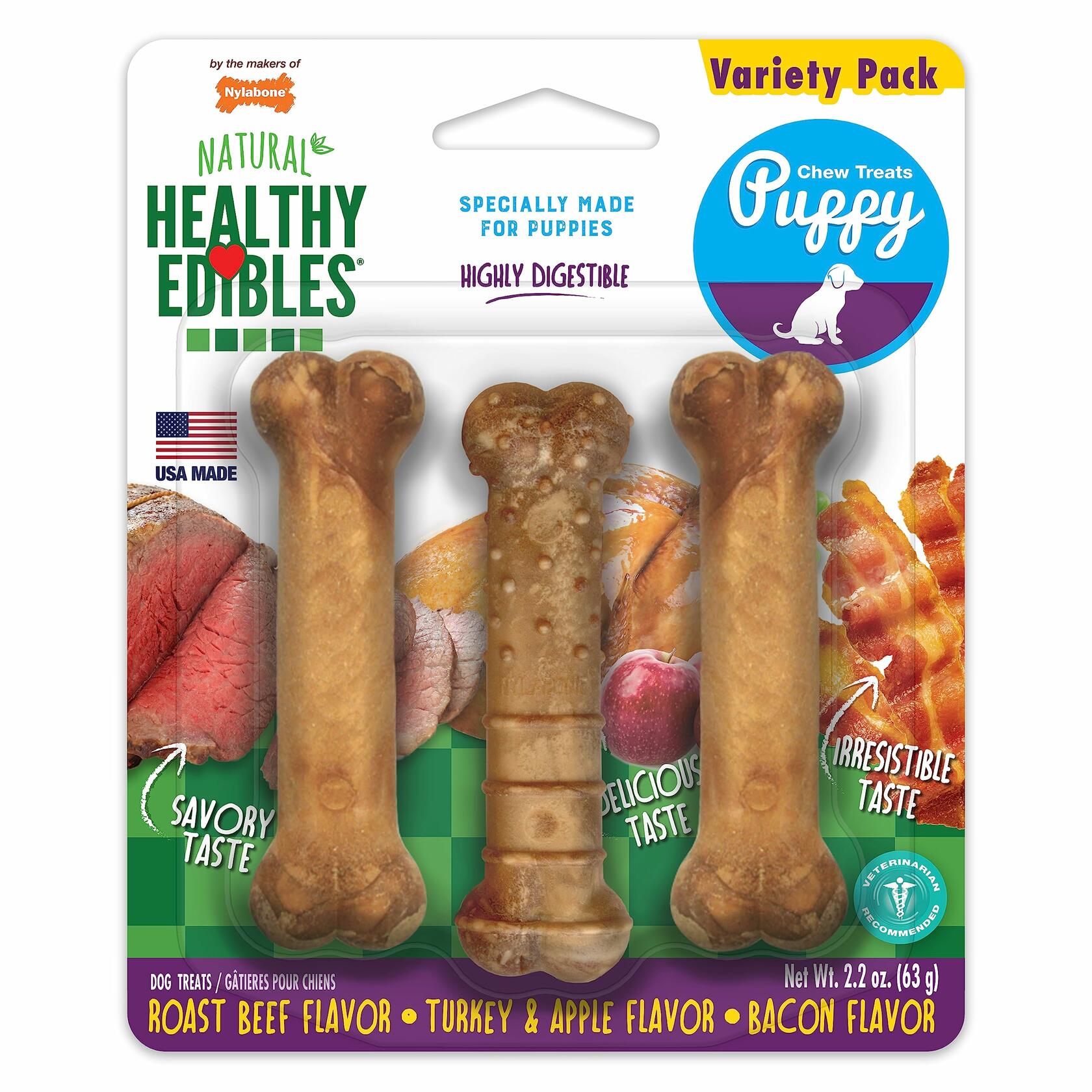 BestBy07/27 Nylabone Healthy Edibles Puppy Chews X-Small 3 Count Roast Beef
