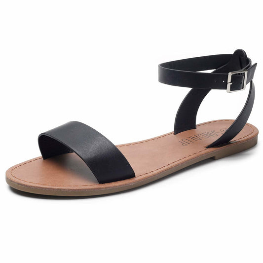 SANDALUP Women's Soft Faux Leather Open Toe Ankle Strap Flat Sandals 8.5