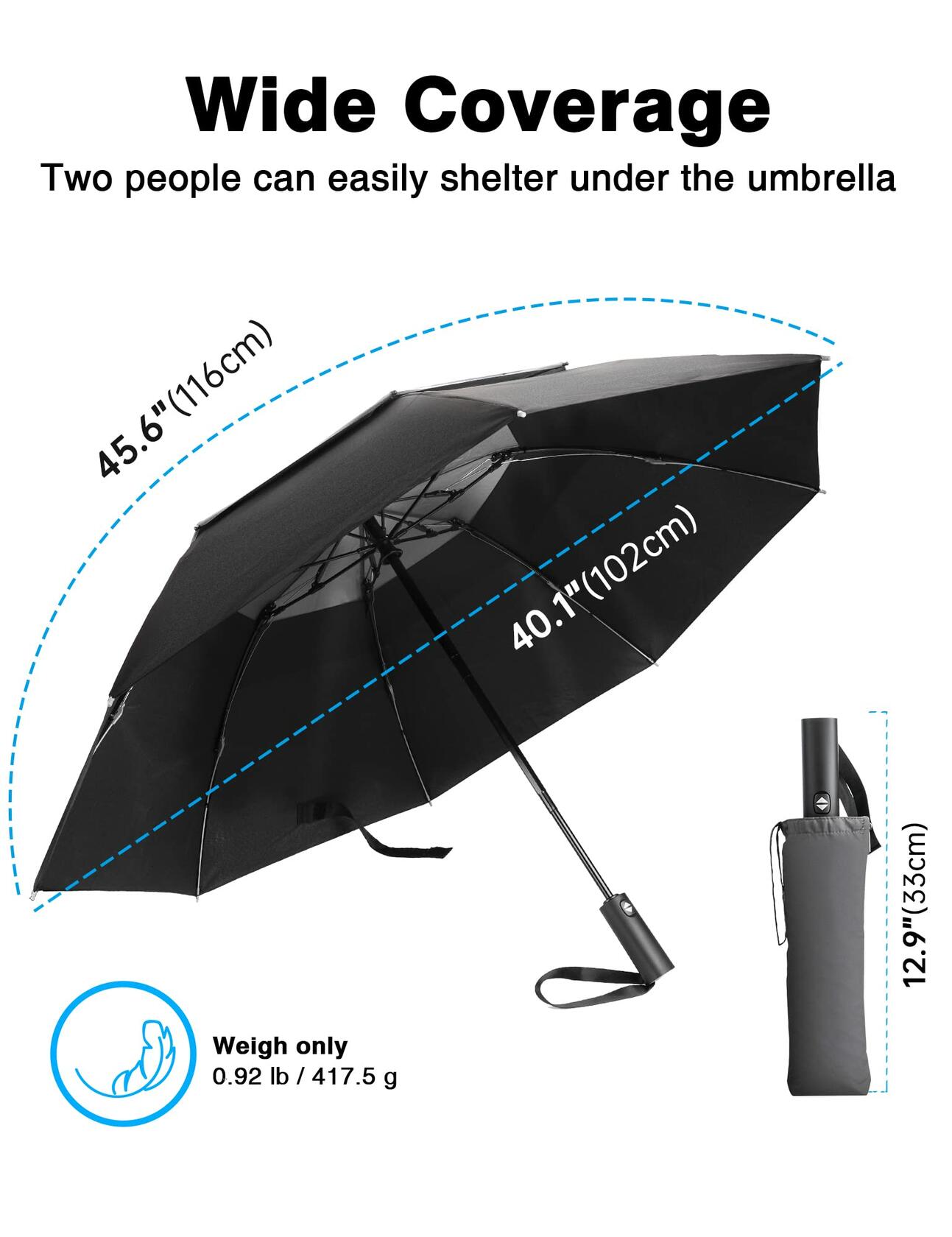 Vuteehy Windproof Folding Umbrella, 16 Ribs, Auto Open Close, Black Compact