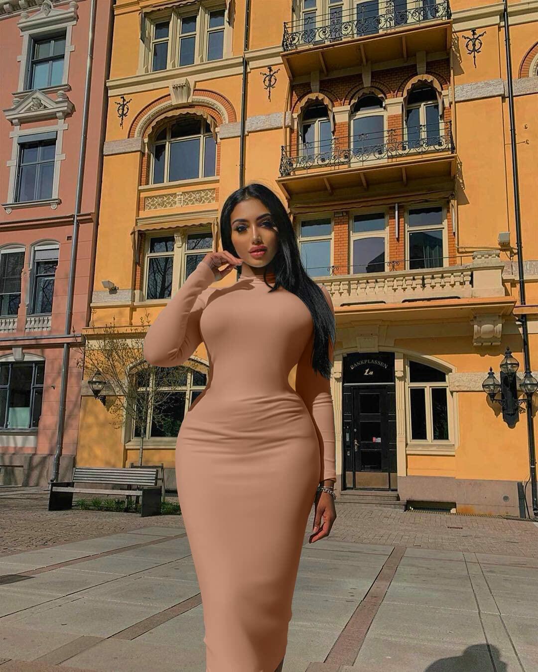 GOBLES Women's Sexy Turtleneck Long Sleeve Elegant Bodycon Dress Camel Size 2XL