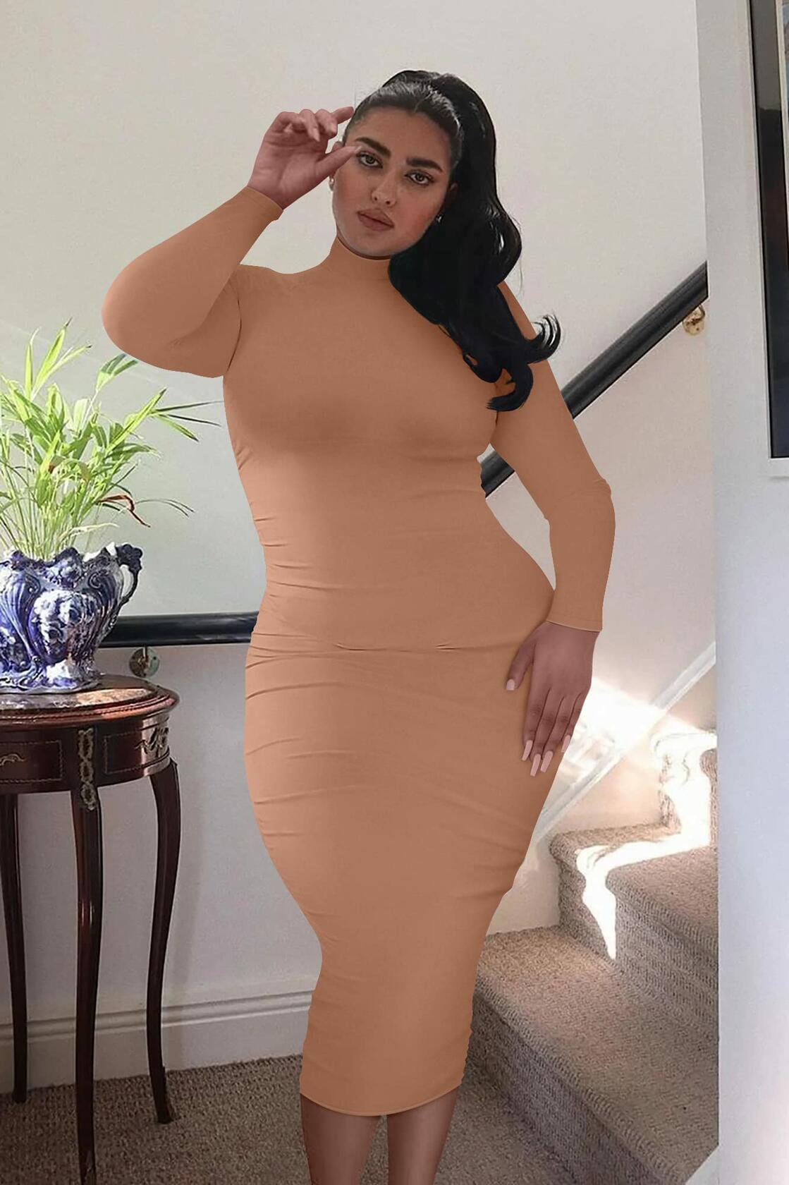 GOBLES Women's Sexy Turtleneck Long Sleeve Elegant Bodycon Dress Camel Size 2XL
