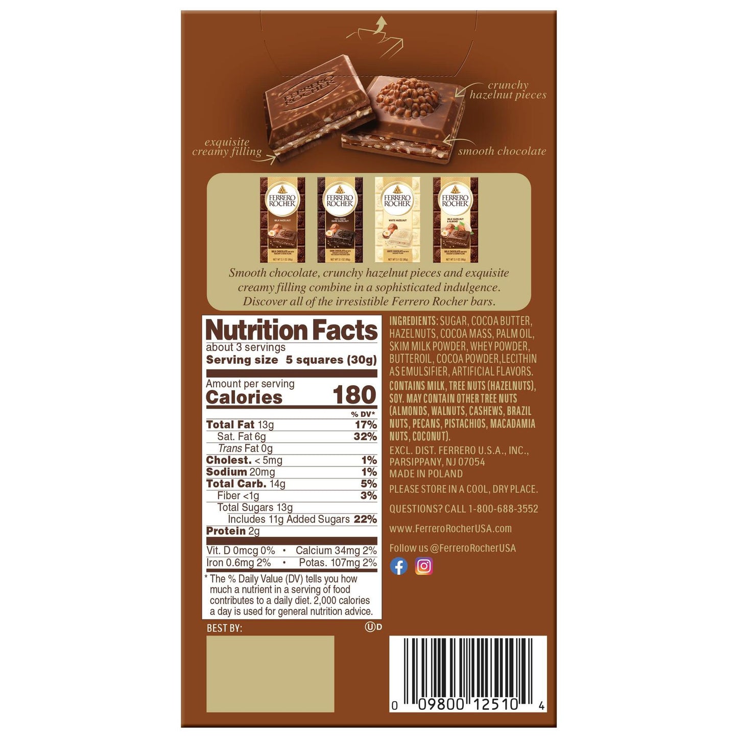 BestBy06/25 Ferrero Rocher Milk Chocolate Hazelnut Bar 3.1oz Single Pack New