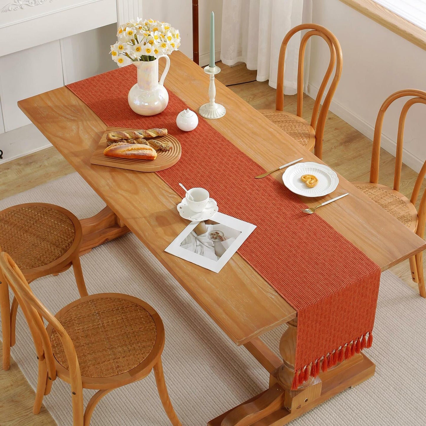 Alsoo 13x48in Orange Fall Table Runner Rustic Tassels Boho Farmhouse Decor