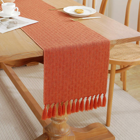 Alsoo 13x48in Orange Fall Table Runner Rustic Tassels Boho Farmhouse Decor