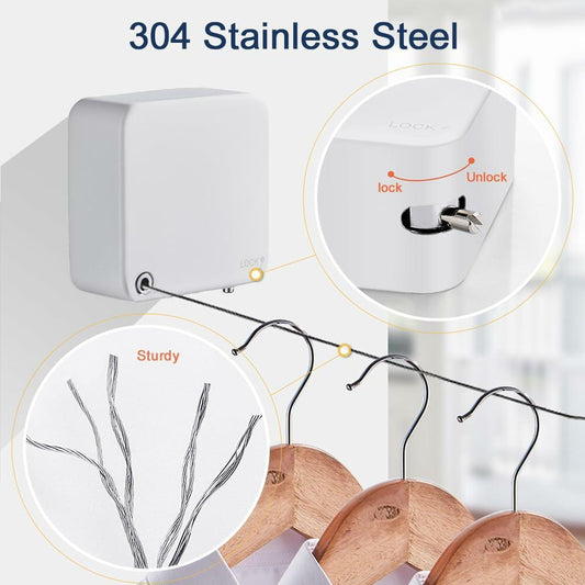 Retractable Clothesline 11.5ft Indoor Wall Mount Stainless Steel White Cord