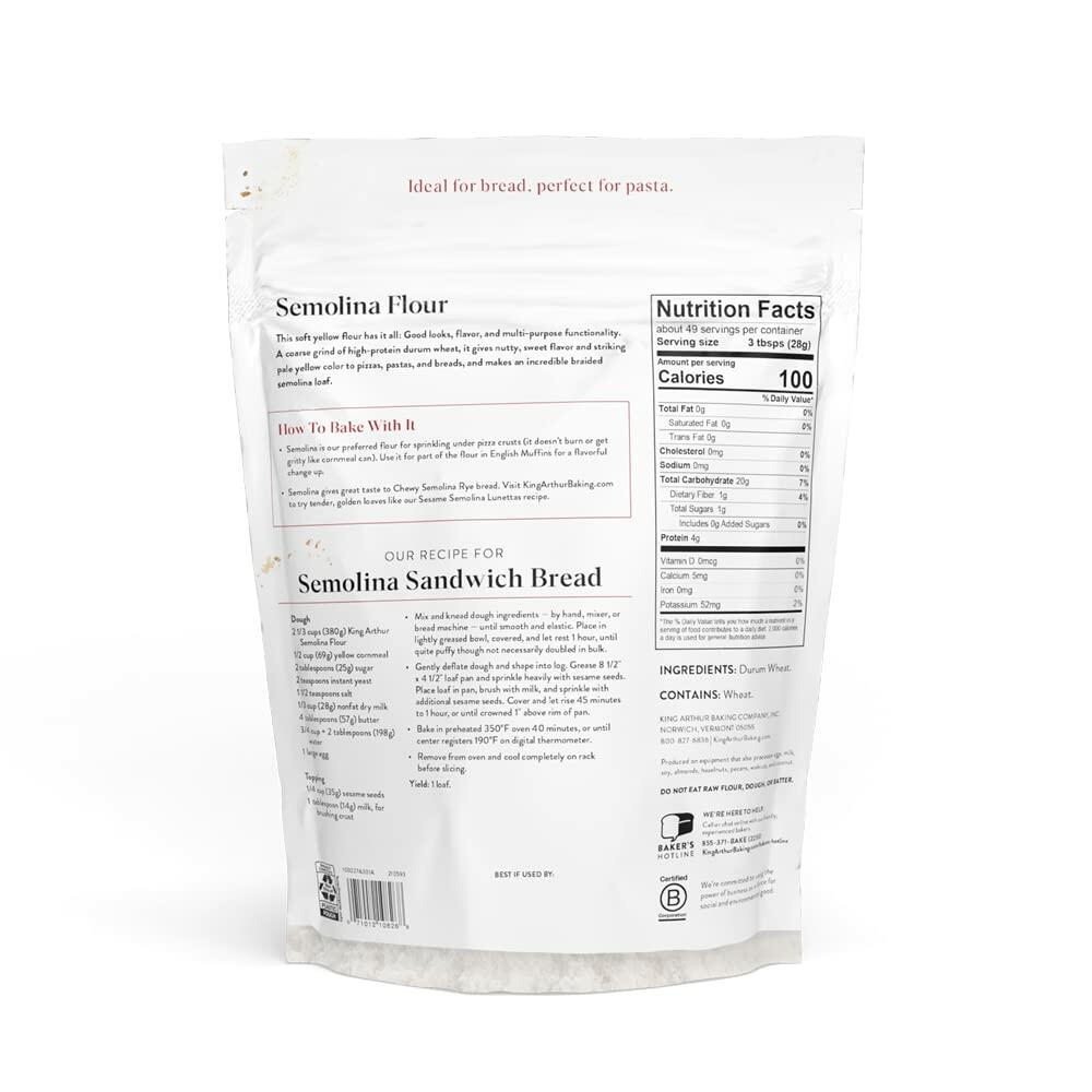 BestBy04/25 King Arthur Semolina Flour 3 lbs Coarse Ground High Protein Kosher