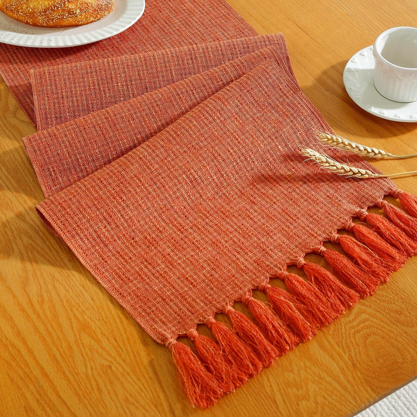 Alsoo 13x48in Orange Fall Table Runner Rustic Tassels Boho Farmhouse Decor