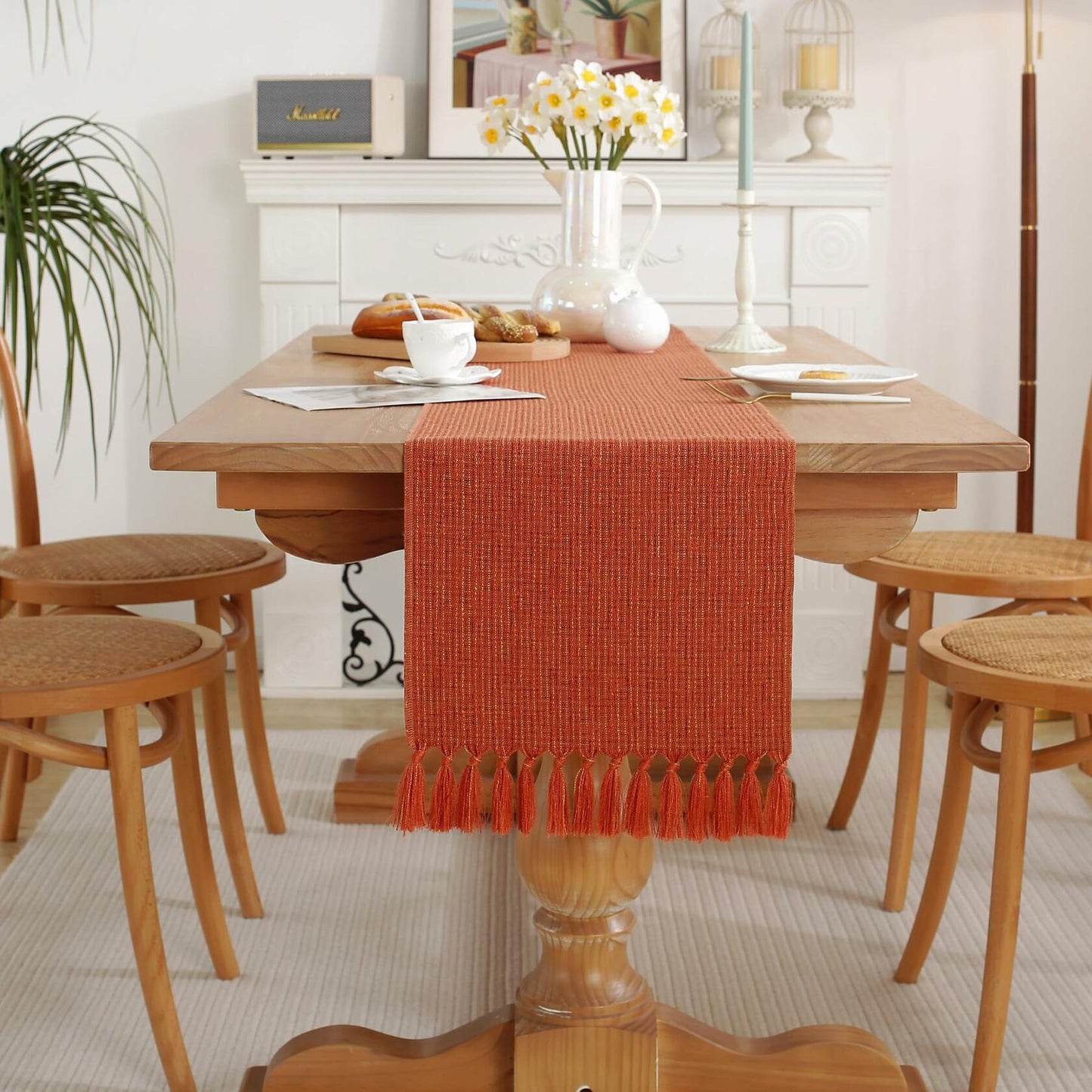 Alsoo 13x48in Orange Fall Table Runner Rustic Tassels Boho Farmhouse Decor