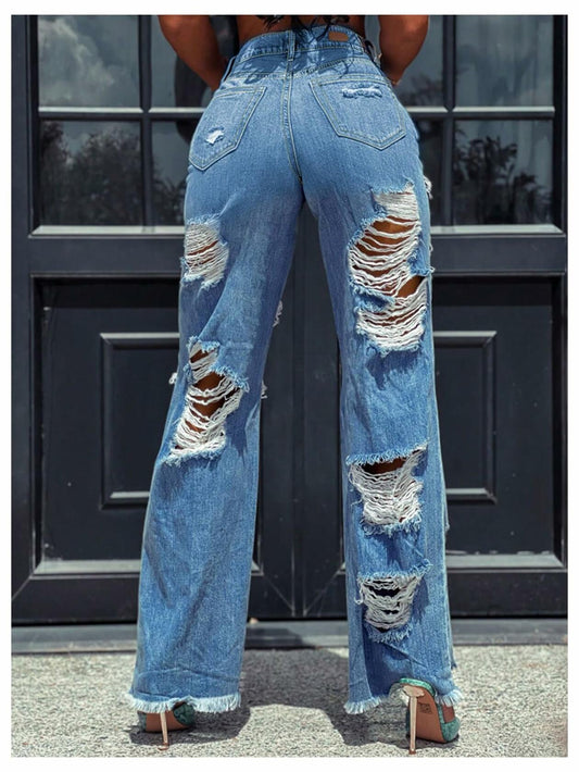 BEAUDRM Women's Y2K Distressed Straight Leg Jeans Medium Wash XL