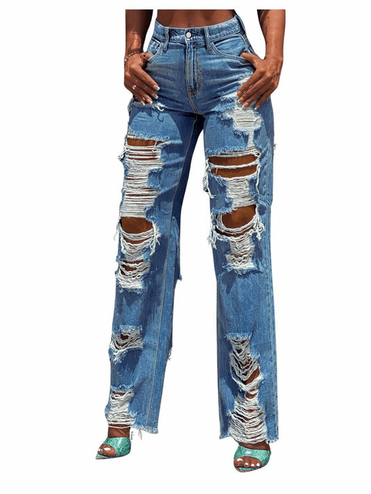 BEAUDRM Women's Y2K Distressed Straight Leg Jeans Medium Wash XL