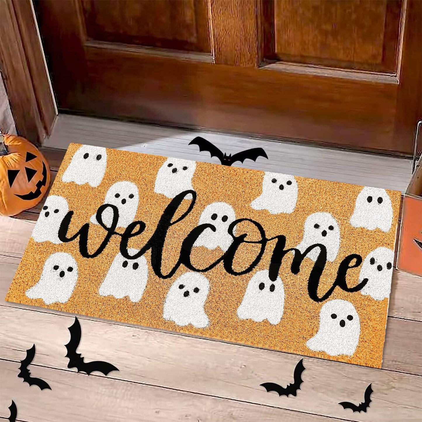 JarThenaAMCS Halloween Coir Doormat Cute Ghost Non-Slip 16.5x29 Inch